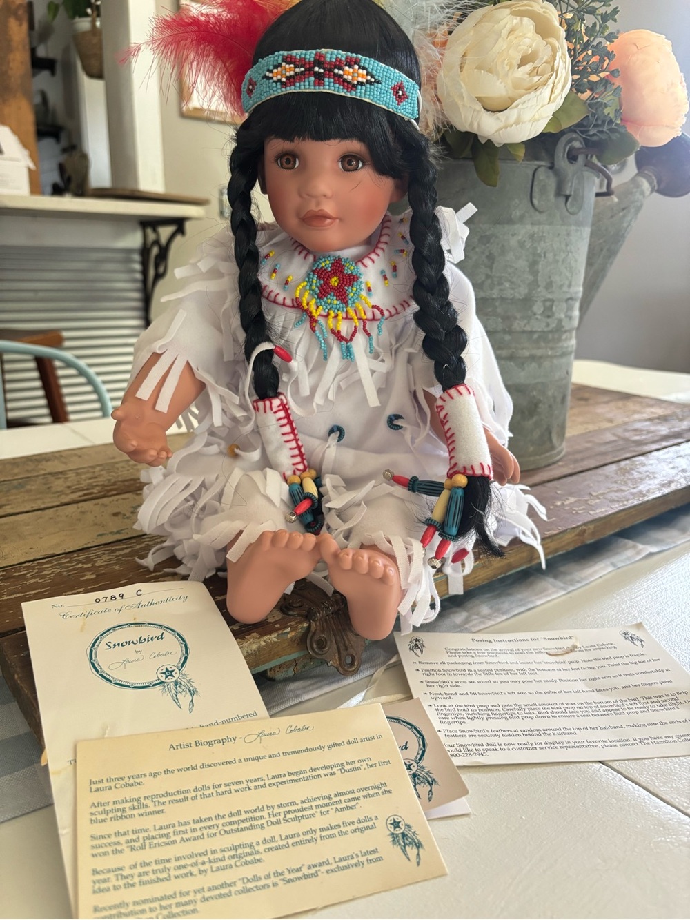 Handcrafted White Beaded Native-Style Collectible Doll